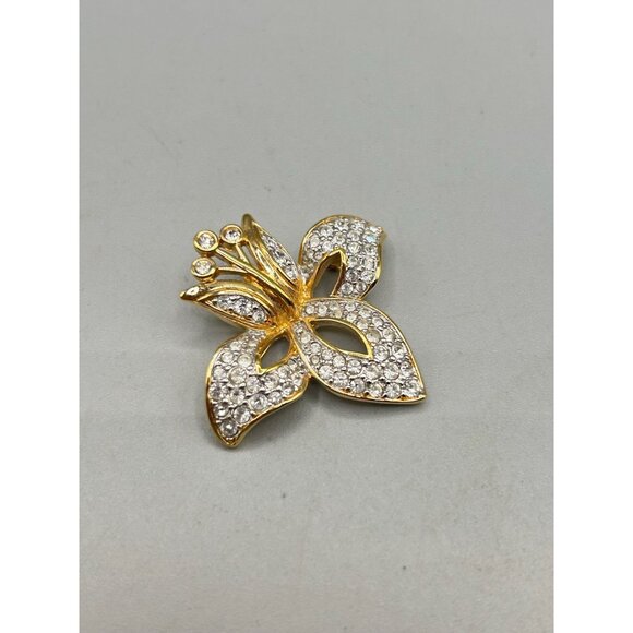 Swarovski Swan Signed Orchid Brooch Gold Tone & Clear Crystals Flower Pin - Picture 3 of 7